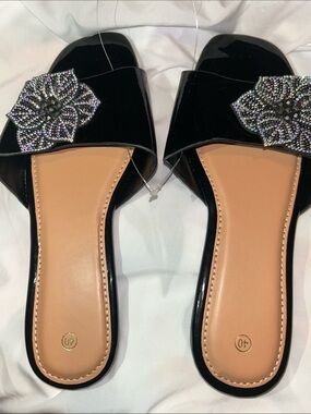 Black Patent Slide Mules with Crystal Floral Accent